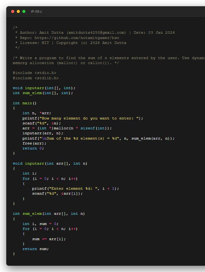 Write a program to find the sum of n elements entered by the user. Use dynamic memory allocation (malloc() or calloc()).